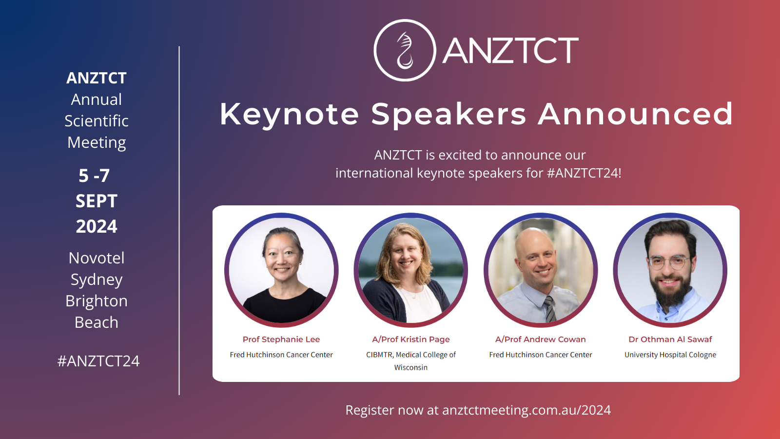 Keynote speakers for the ANZTCT Annual Scientific Meeting 2024